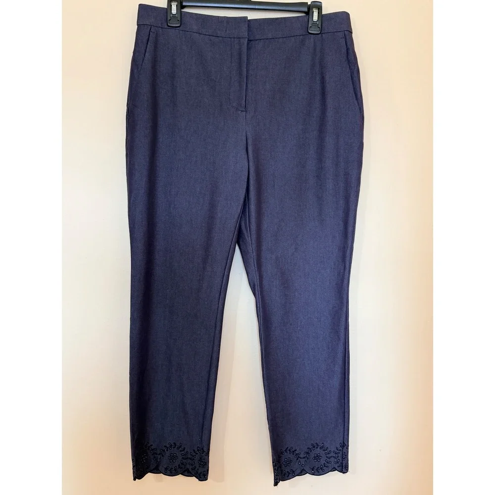 Ann Taylor Navy Blue Scalloped Embroidered Hem Ankle Pants Womens 10 Trousers